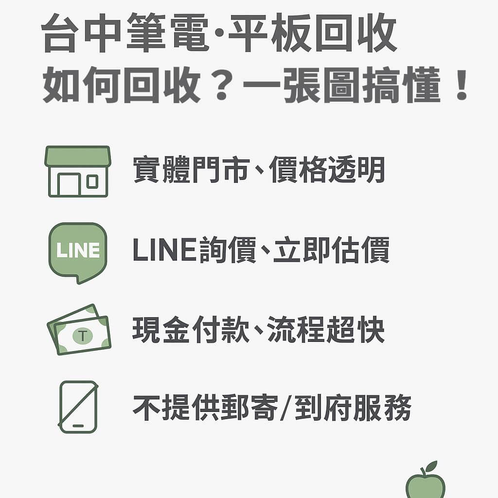 台中筆電平板回收流程懶人包圖解，青蘋果3C提供價格透明、LINE估價、現金付款服務
