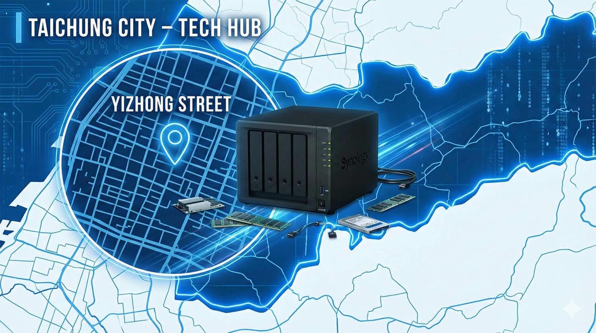 台中一中街地圖與 Synology NAS 回收據點示意 (Taichung Yizhong Street Map with Synology NAS Buyback Location Pin)